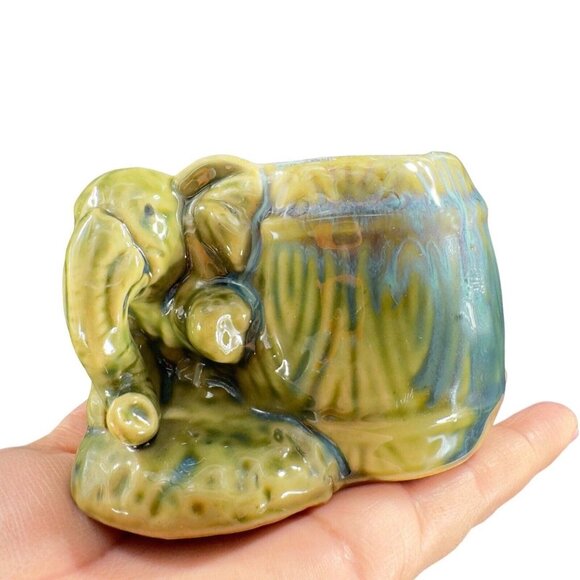 Vintage Majolica Style Pottery Green Elephant Vase Planter Drip Glaze Ceramic - Picture 15 of 15